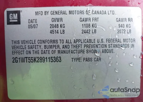 2008 Chevrolet Impala Lt z USA, uszkodzony, nr VIN 2G1WT55K289115363